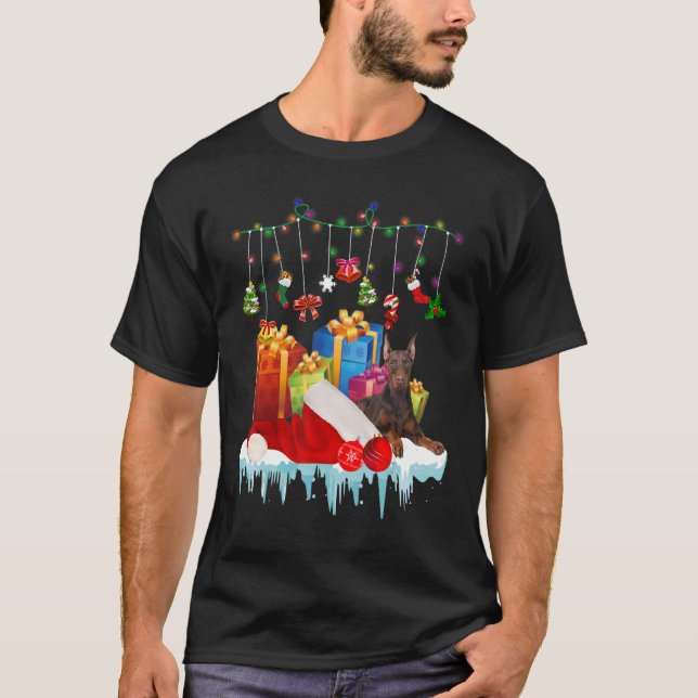 Vacation Doberman Dog Christmas Lights Santa Hat T-Shirt (Front)