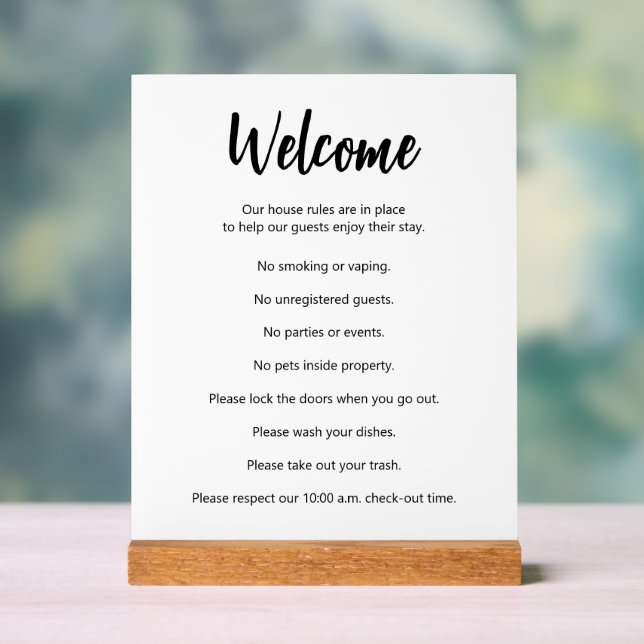 Vacation House Rules Black and White Template Acrylic Sign (Neutral)