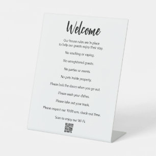 Vacation House Rules Black White & Wi-Fi QR Code Pedestal Sign