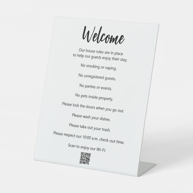 Vacation House Rules Black White & Wi-Fi QR Code Pedestal Sign (Front)