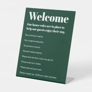 Vacation House Rules Dark Green White Template Pedestal Sign