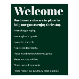 Vacation House Rules Dark Green White Template Poster