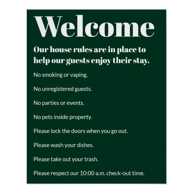 Vacation House Rules Dark Green White Template Poster (Front)