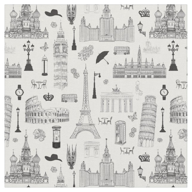 Vacation In Europe Pattern Fabric (Close Up)
