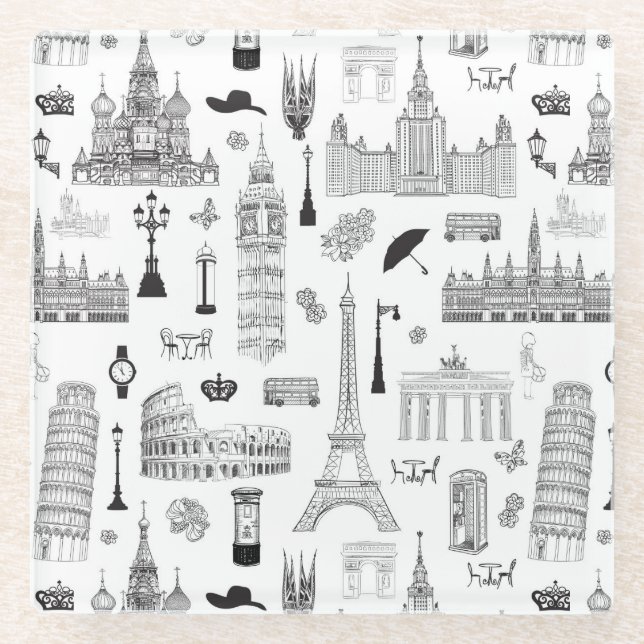 Vacation In Europe Pattern Glass Coaster (Front)