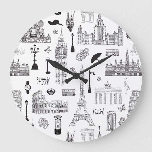 Vacation In Europe Pattern Large Clock (Front)