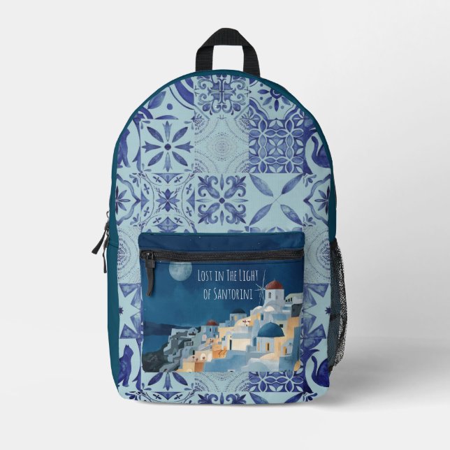 Vacation,Lost in The Light of Santorini Printed Backpack (Front)