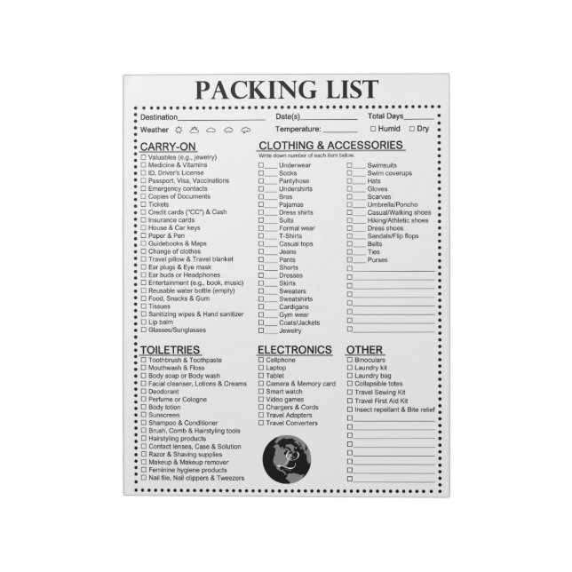 Vacation Packing List, Personalised Globe Monogram Notepad (Rotated)