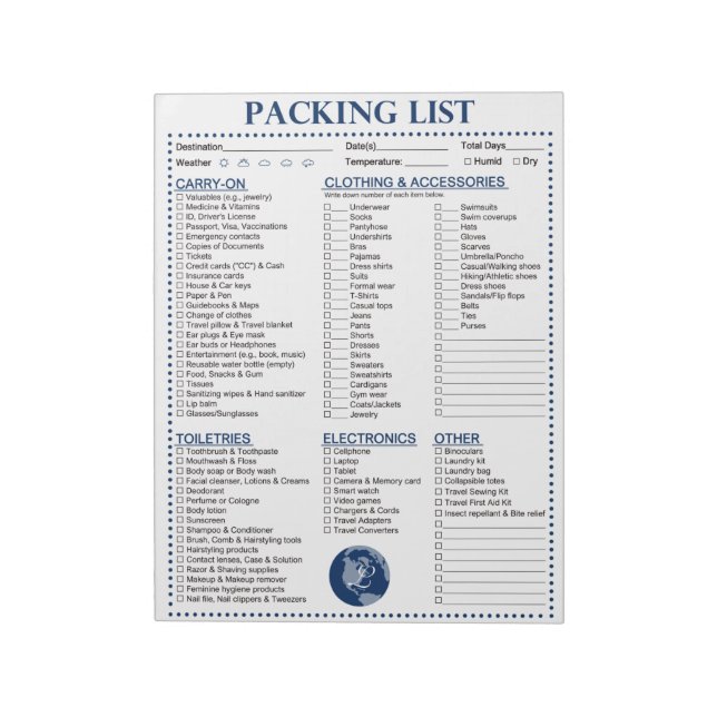 Vacation Packing List, Personalised Globe Monogram Notepad (Rotated)