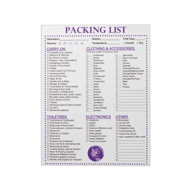 Vacation Packing List, Personalised Globe Monogram Notepad (Rotated)