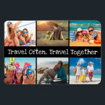 Vacation Photo Collage Travel Often Together  Magnet<br><div class="desc">Travel Often, Travel Together is our motto. Black and white fun font with a black background. Display your travel photos from your vacations with those you love. Just click on the personalise this above to change out the 6 photos. You can also change the text if you there is another...</div>