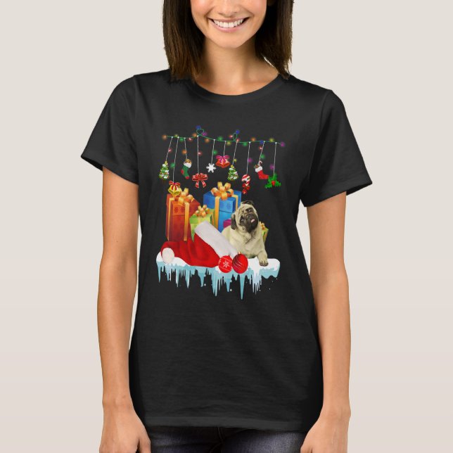 Vacation Pug Dog Christmas Lights Santa Hat  Boxes T-Shirt (Front)