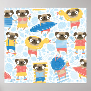 Vacation pugs, summer beach seamless. poster