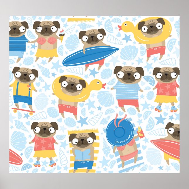 Vacation pugs, summer beach seamless. poster (Front)