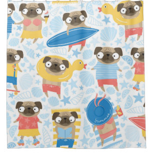 Vacation pugs, summer beach seamless. shower curtain