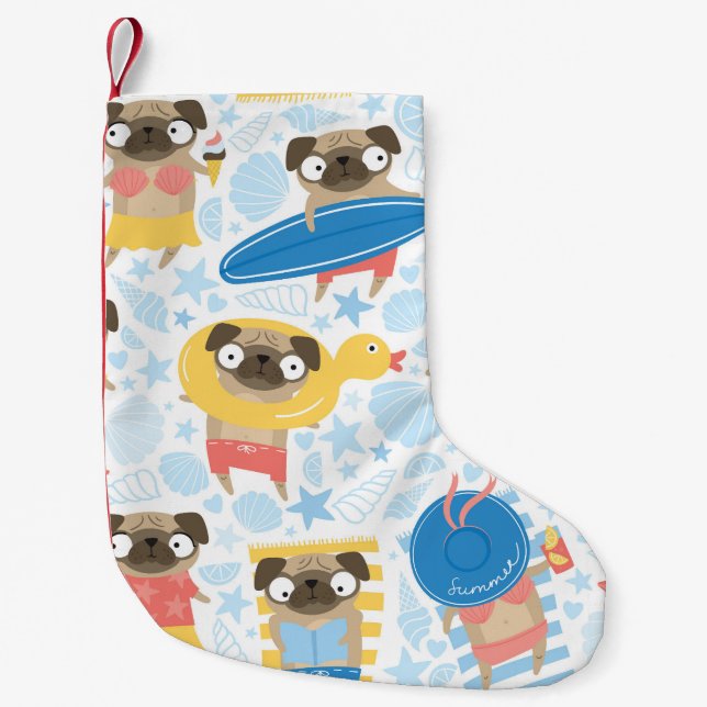 Vacation pugs, summer beach seamless. small christmas stocking (Front)