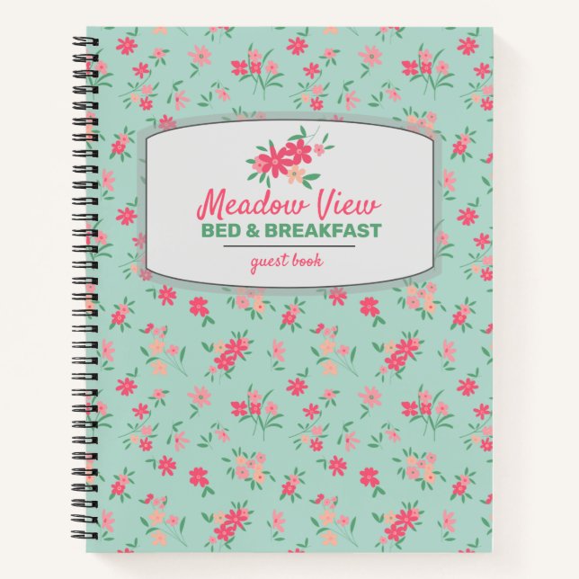 Vacation Rental Guest Book Tiny Pink Flowers Teal (Front)