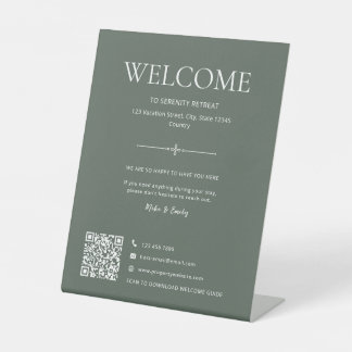 Vacation Rental Home Welcome QR Code Muted Green Pedestal Sign