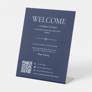 Vacation Rental Home Welcome QR Code Navy Blue Pedestal Sign