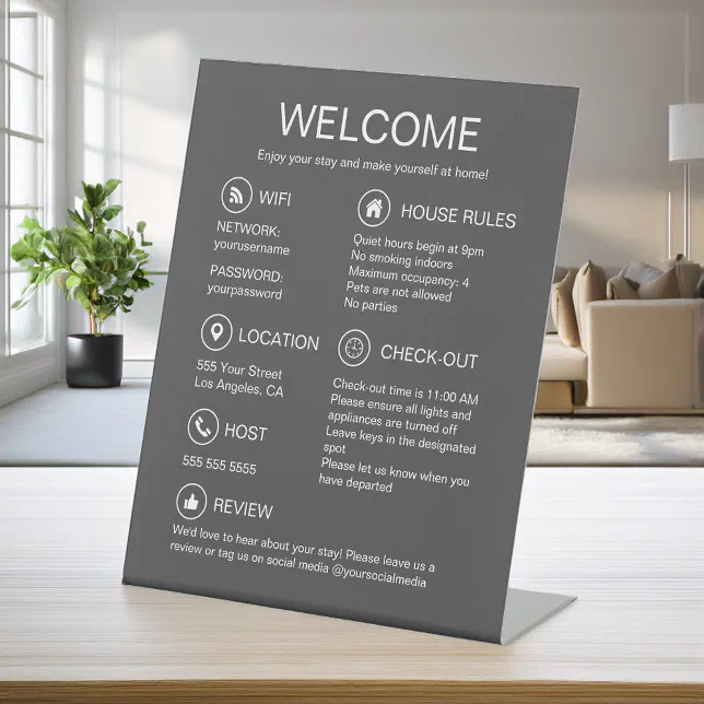 Vacation Rental Modern Grey Guest Information Pedestal Sign | Zazzle