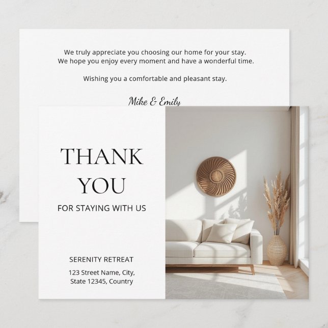 Vacation Rental Thank You Welcome Postcard Airbnb  (Front/Back)