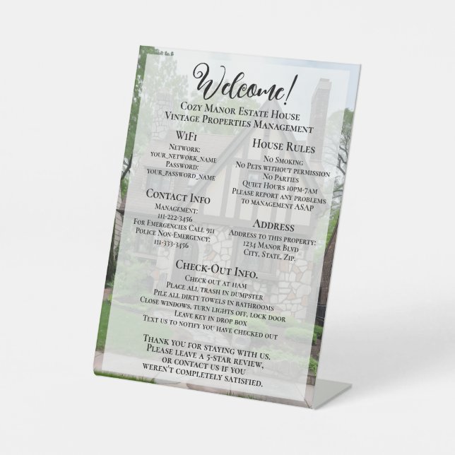 Vacation Rental Welcome Guest Information Photo Pedestal Sign (Front)