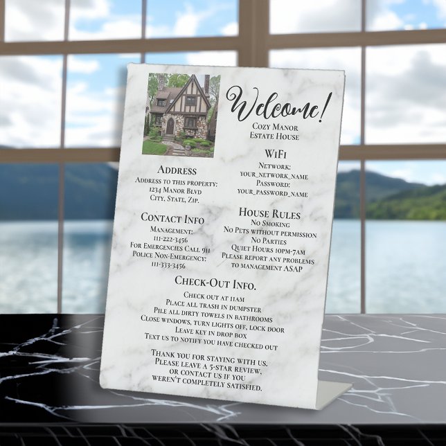 Vacation Rental Welcome Guest Information Photo Pedestal Sign (vacation rental photo guest information sign)