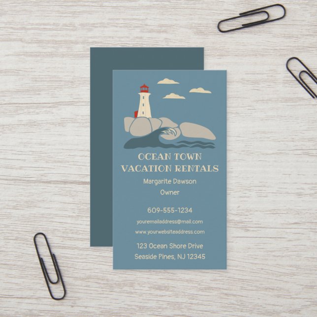 Vacation Rentals Beach Themed Lighthouse Business Card (Front/Back In Situ)