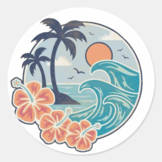 vacation sticker waves palm trees and sun flowers