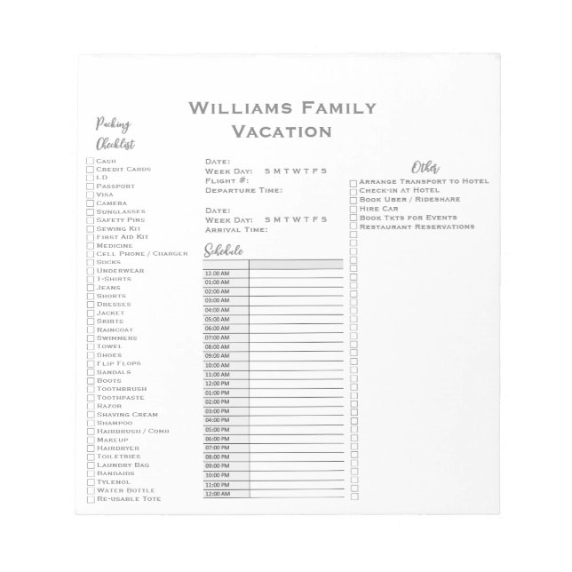 Vacation Travel Check List Schedule Planner  Notepad (Front)