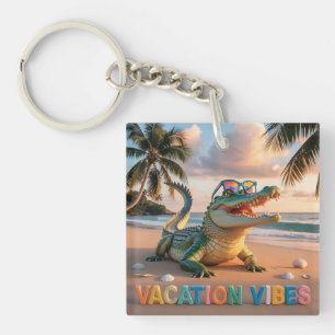 "Vacation Vibes" Cool Crocodile on Beach Key Ring