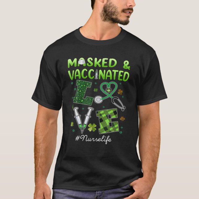 Vaccinated Masked St Patricks Day Scrub Tops Women (Front)