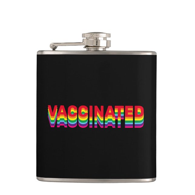 Vaccinated pride lgbt rainbow retro colours black hip flask (Front)