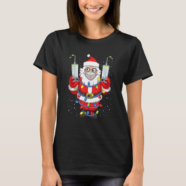 Vaccinated Santa Claus In Face Mask Christmas Tree T-Shirt (Front)