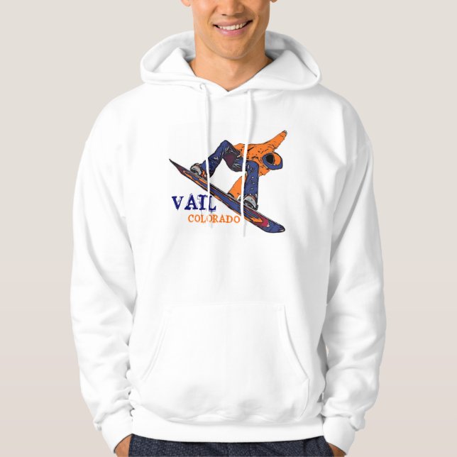 Vail Colorado blue orange snowboarder guys hoodie (Front)