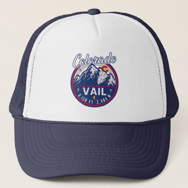 Vail Colorado Mountain Retro Sunset Souvenirs Trucker Hat (Front)