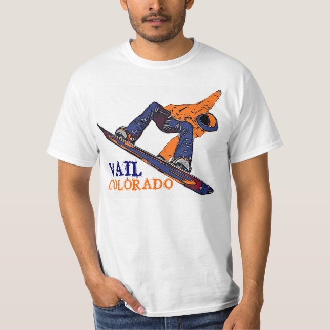Vail Colorado snowboarder orange blue value tee (Front)