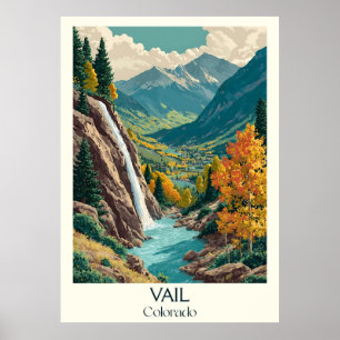 Vail Colorado Vintage Mountain Waterfall Travel Poster