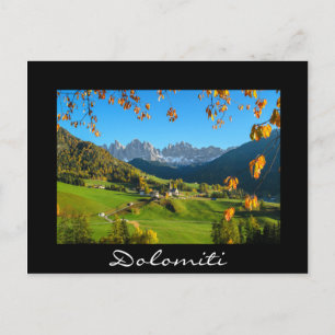 Val di Funes valley with autumn leaves black card