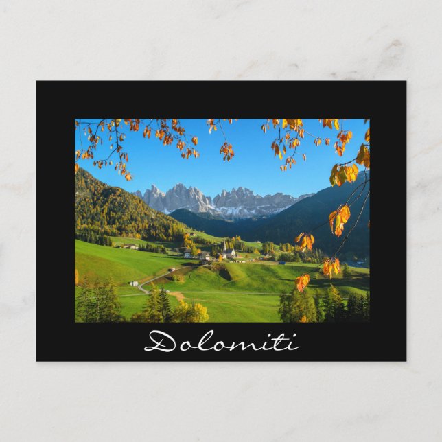 Val di Funes valley with autumn leaves black card (Front)