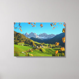 Val di Funes valley with autumn leaves canvas