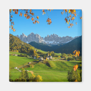 Val di Funes valley with autumn leaves magnet
