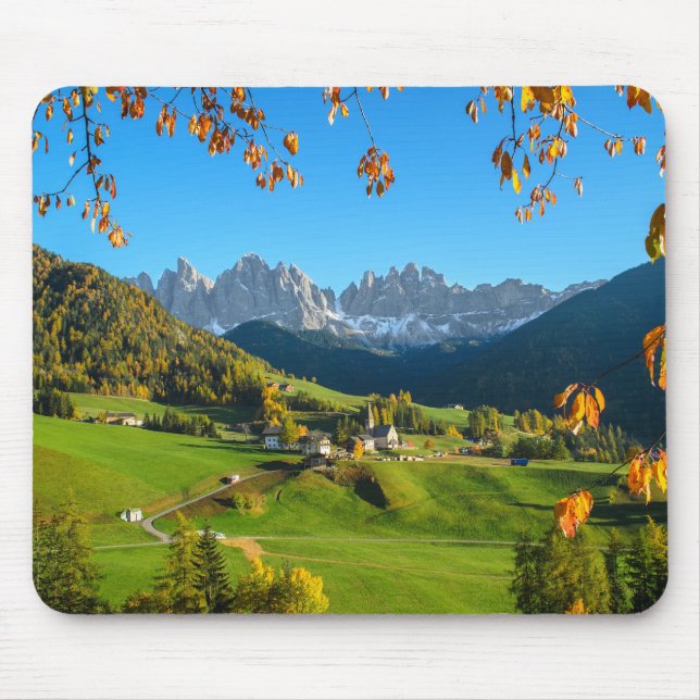 Val di Funes valley with autumn leaves mousepad (Front)