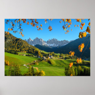 Val di Funes valley with autumn leaves poster
