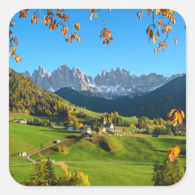 Val di Funes valley with autumn leaves sticker (Front)
