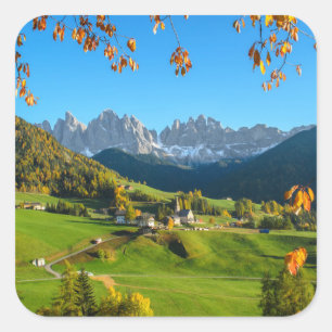 Val di Funes valley with autumn leaves sticker