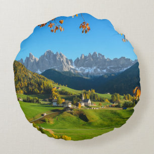 Val di Funes valley with fall leaves round pillow