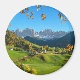 Val di Funes with autumn leaves round magnet