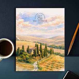 Val d'Orcia, Italy   Watercolor Tuscan Landscape Postcard
