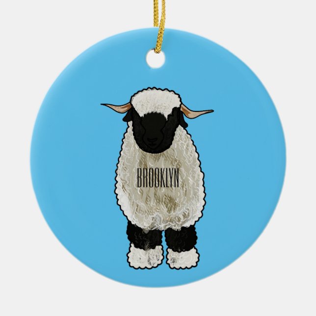 Valais Blacknose sheep cartoon illustration Ceramic Tree Decoration (Front)